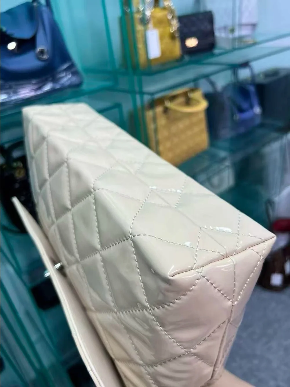 CHANEL Cream Quilted Patent Leather Shoulder Bag with Silver Chain